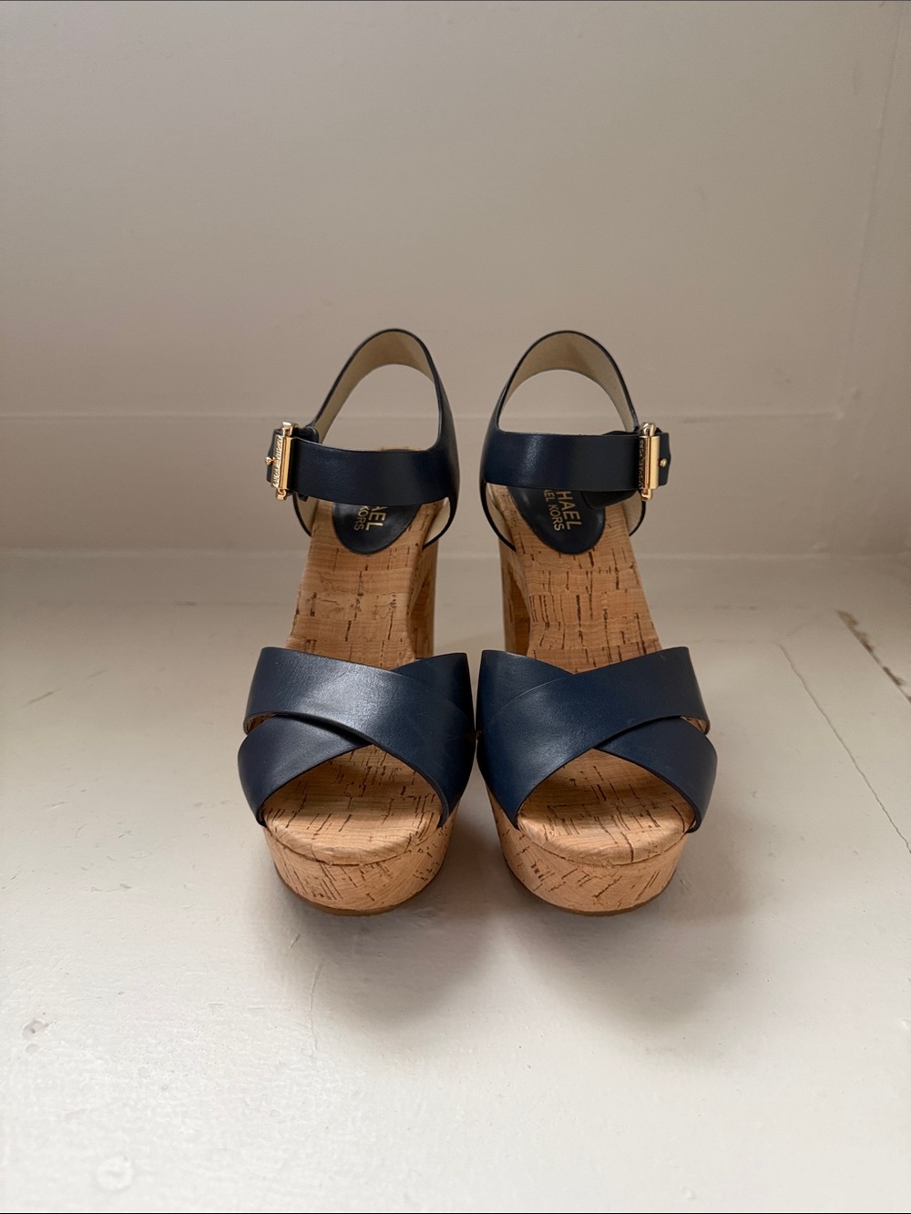 Michael Kors Navy Leather Cork Wedge Sandals